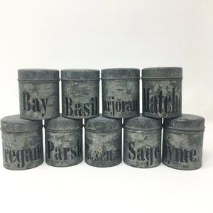 Vandor Imports Vintage Set of Nine Galvanized Metal Labeled Lidded Herb Tins